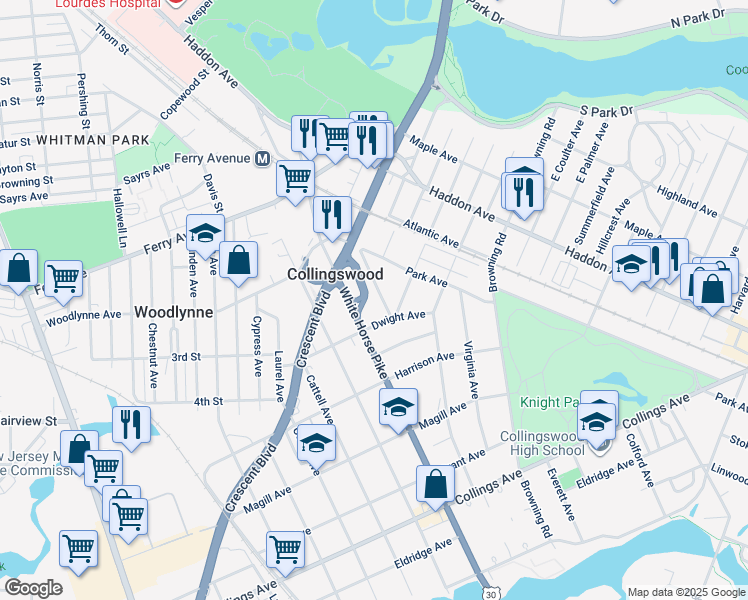map of restaurants, bars, coffee shops, grocery stores, and more near 174 Arlington Avenue in Oaklyn