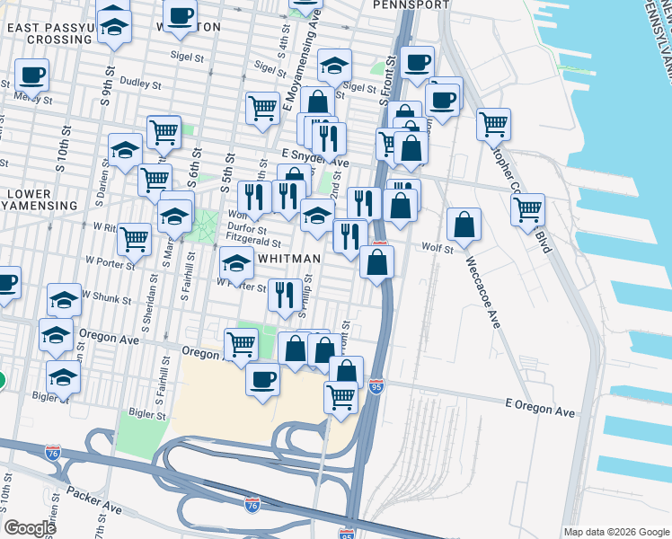 map of restaurants, bars, coffee shops, grocery stores, and more near 126 West Ritner Street in Philadelphia