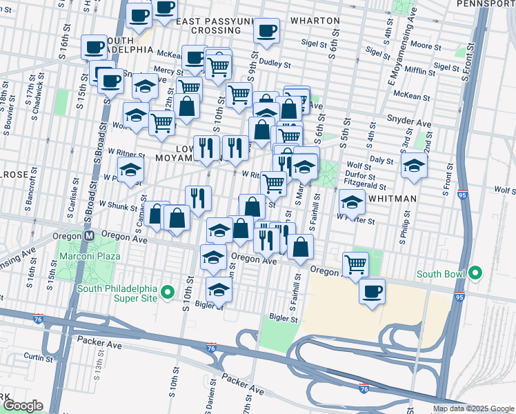 map of restaurants, bars, coffee shops, grocery stores, and more near 730 West Porter Street in Philadelphia