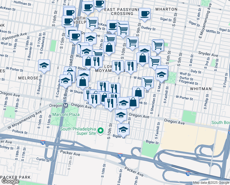 map of restaurants, bars, coffee shops, grocery stores, and more near 2526 South 10th Street in Philadelphia