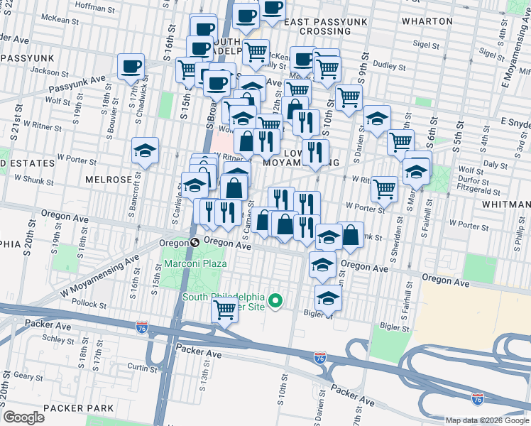 map of restaurants, bars, coffee shops, grocery stores, and more near 2539 South Sartain Street in Philadelphia