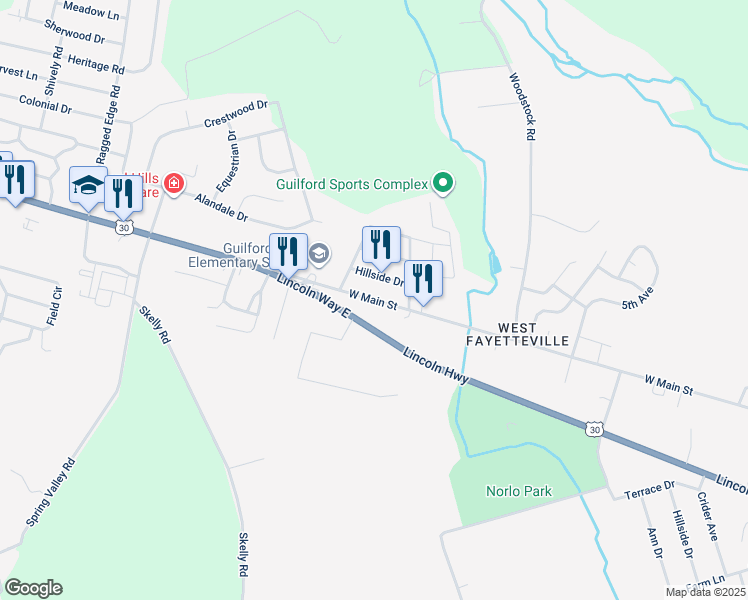 map of restaurants, bars, coffee shops, grocery stores, and more near 2155 West Main Street in Chambersburg