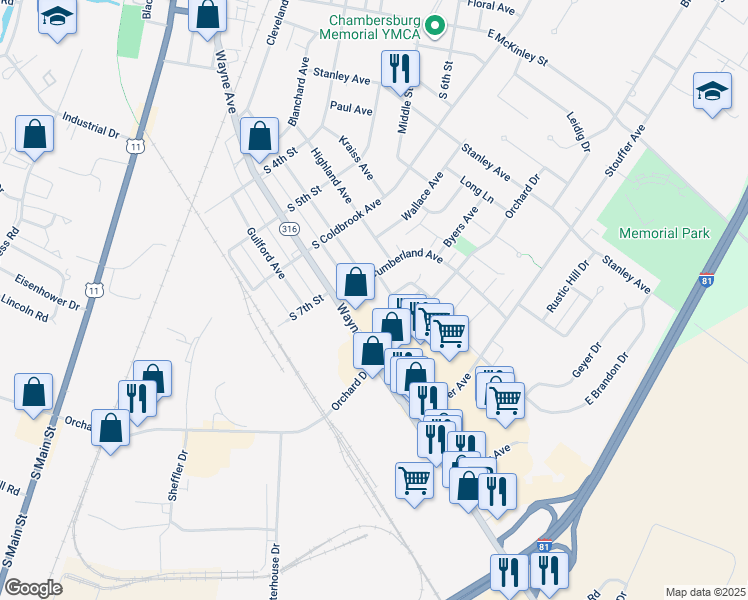 map of restaurants, bars, coffee shops, grocery stores, and more near 755 Meadowbrook Lane in Chambersburg