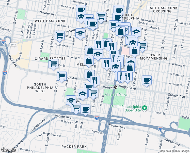 map of restaurants, bars, coffee shops, grocery stores, and more near 2620 South Mole Street in Philadelphia