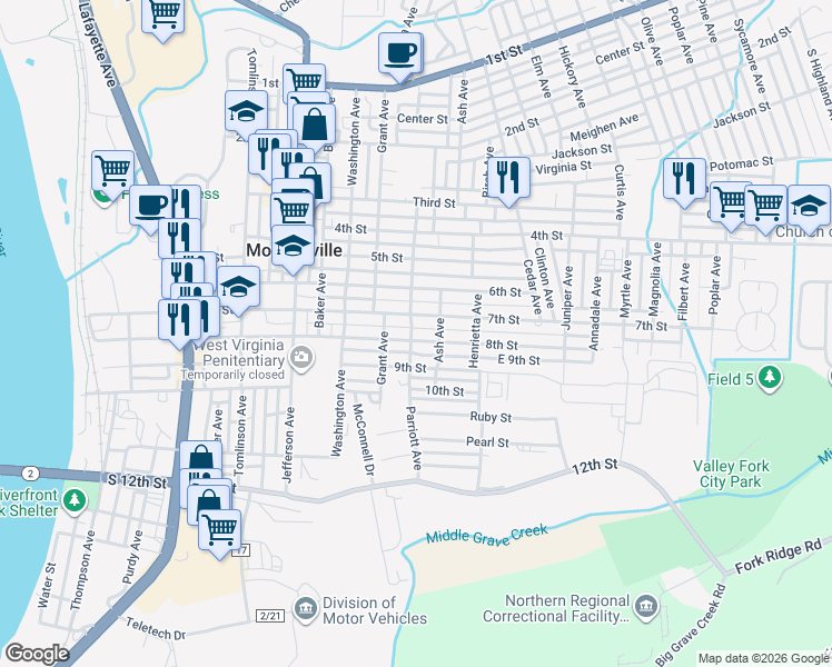 map of restaurants, bars, coffee shops, grocery stores, and more near 1301 7th Street in Moundsville