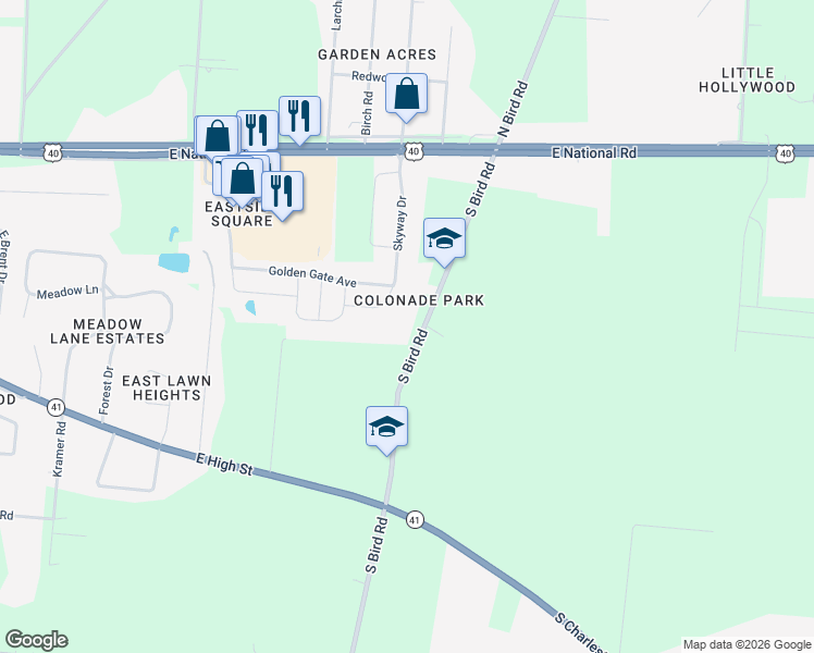 map of restaurants, bars, coffee shops, grocery stores, and more near 315 South Bird Road in Springfield