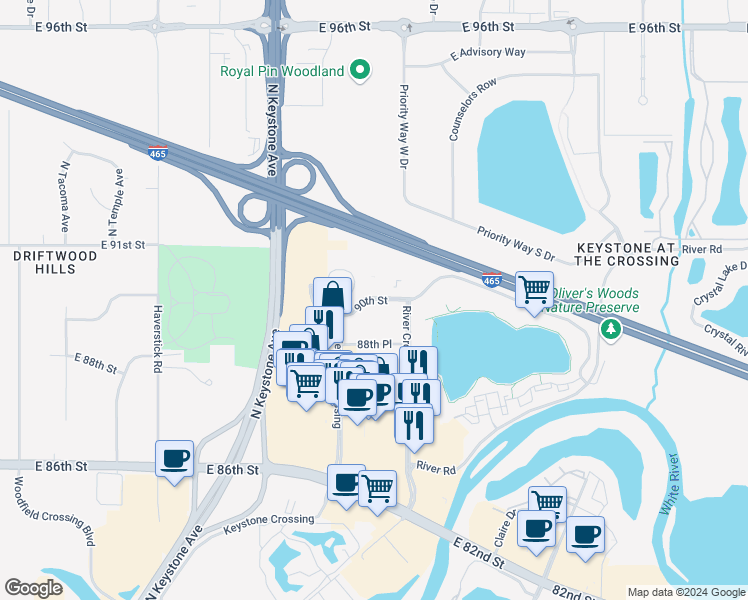 map of restaurants, bars, coffee shops, grocery stores, and more near 90th St in Indianapolis