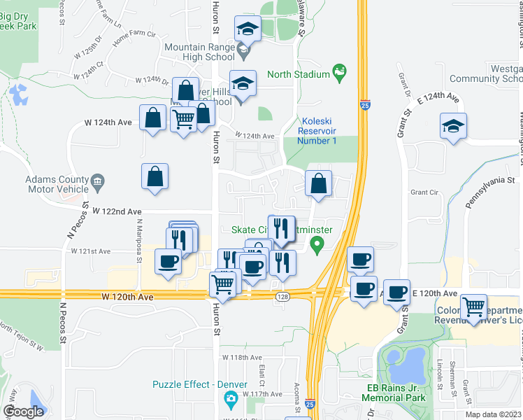 map of restaurants, bars, coffee shops, grocery stores, and more near 12178 Melody Dr in Denver