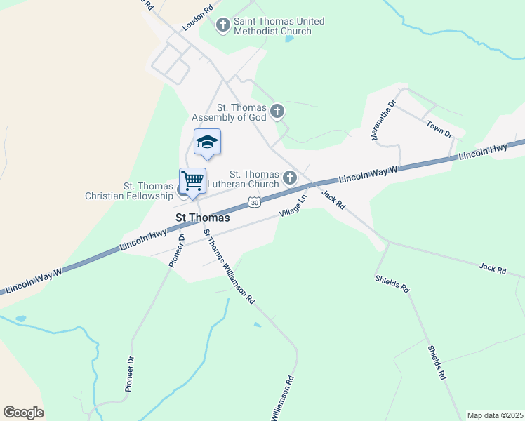 map of restaurants, bars, coffee shops, grocery stores, and more near 7198 Lincoln Highway in Saint Thomas