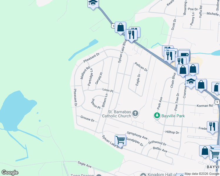 map of restaurants, bars, coffee shops, grocery stores, and more near 45 Bittern Lane in Berkeley Township