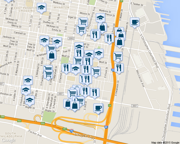 map of restaurants, bars, coffee shops, grocery stores, and more near 2412 S American St in Philadelphia