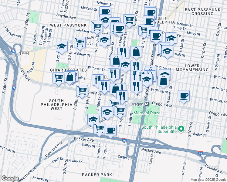 map of restaurants, bars, coffee shops, grocery stores, and more near 2635 South 17th Street in Philadelphia