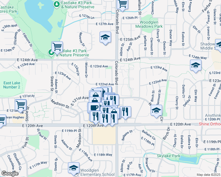 map of restaurants, bars, coffee shops, grocery stores, and more near 3899 East 121st Avenue in Thornton