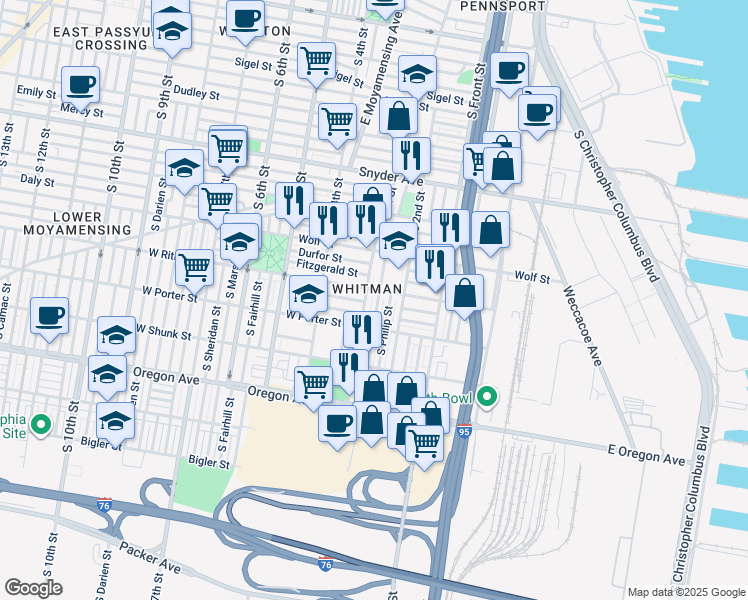 map of restaurants, bars, coffee shops, grocery stores, and more near 2412 South American Street in Philadelphia