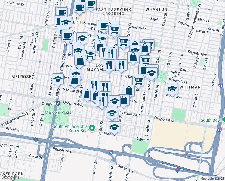 map of restaurants, bars, coffee shops, grocery stores, and more near 2520 South Percy Street in Philadelphia