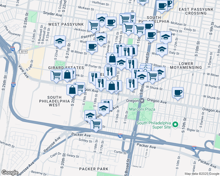 map of restaurants, bars, coffee shops, grocery stores, and more near 2635 South 17th Street in Philadelphia