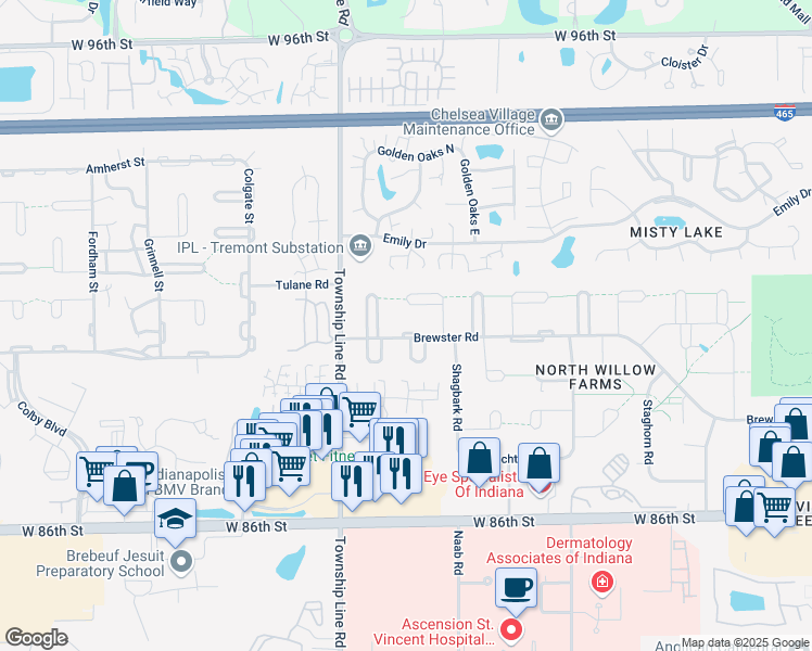 map of restaurants, bars, coffee shops, grocery stores, and more near 2220 Brewster Road in Indianapolis