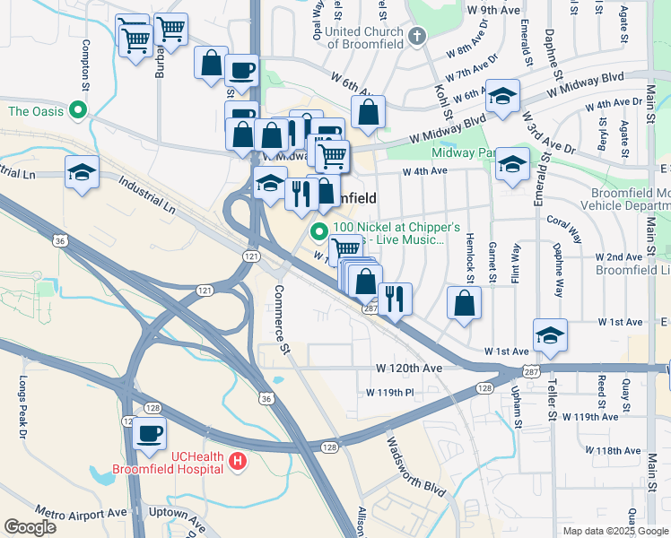 map of restaurants, bars, coffee shops, grocery stores, and more near 1500 West 1st Avenue in Broomfield