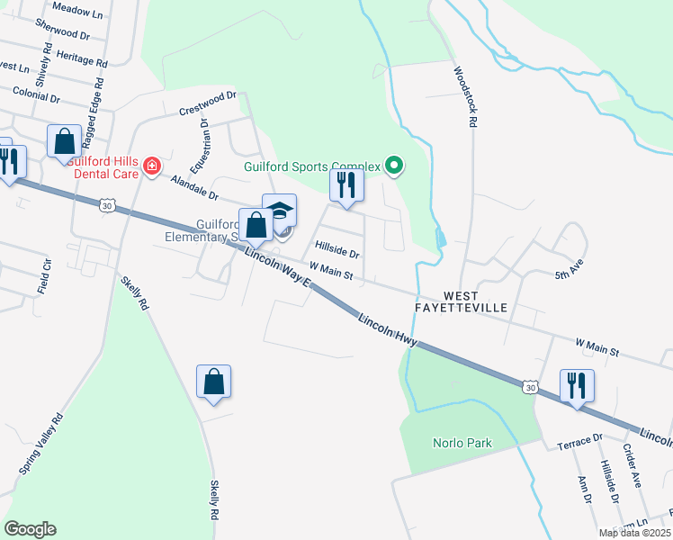 map of restaurants, bars, coffee shops, grocery stores, and more near 2155 West Main Street in Chambersburg