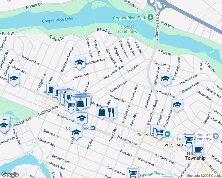map of restaurants, bars, coffee shops, grocery stores, and more near 161 Lawnside Avenue in Collingswood