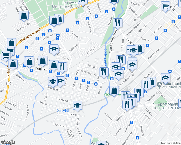 map of restaurants, bars, coffee shops, grocery stores, and more near 100 North 2nd Street in Darby