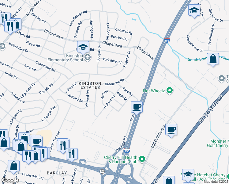 map of restaurants, bars, coffee shops, grocery stores, and more near 101 Hart Road in Cherry Hill
