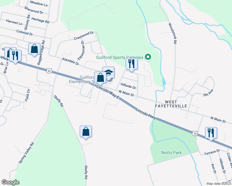 map of restaurants, bars, coffee shops, grocery stores, and more near 2120 Lincoln Way East in Chambersburg