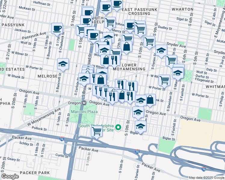 map of restaurants, bars, coffee shops, grocery stores, and more near 2537 South Sartain Street in Philadelphia