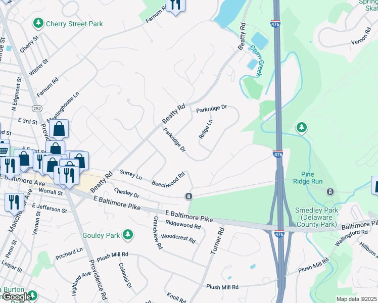 map of restaurants, bars, coffee shops, grocery stores, and more near 816 Parkridge Drive in Media
