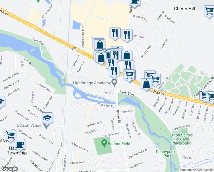 map of restaurants, bars, coffee shops, grocery stores, and more near 418 Park Place Drive in Cherry Hill