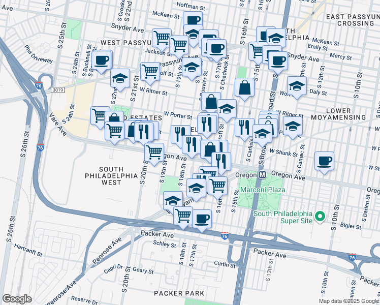 map of restaurants, bars, coffee shops, grocery stores, and more near 2646 South Bouvier Street in Philadelphia
