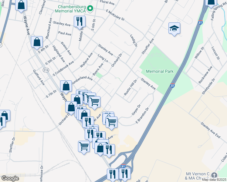 map of restaurants, bars, coffee shops, grocery stores, and more near 18 Cambridge Lane in Chambersburg