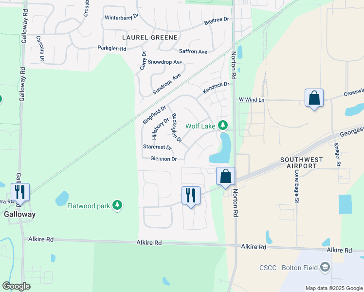 map of restaurants, bars, coffee shops, grocery stores, and more near 1715 Bucksglen Drive in Galloway