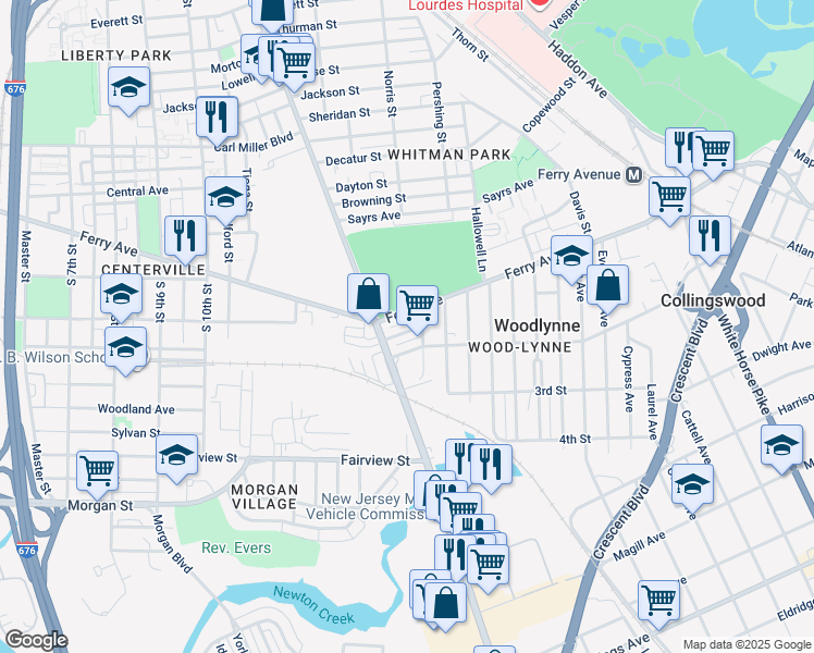 map of restaurants, bars, coffee shops, grocery stores, and more near 1633 Crosslynne Avenue in Oaklyn