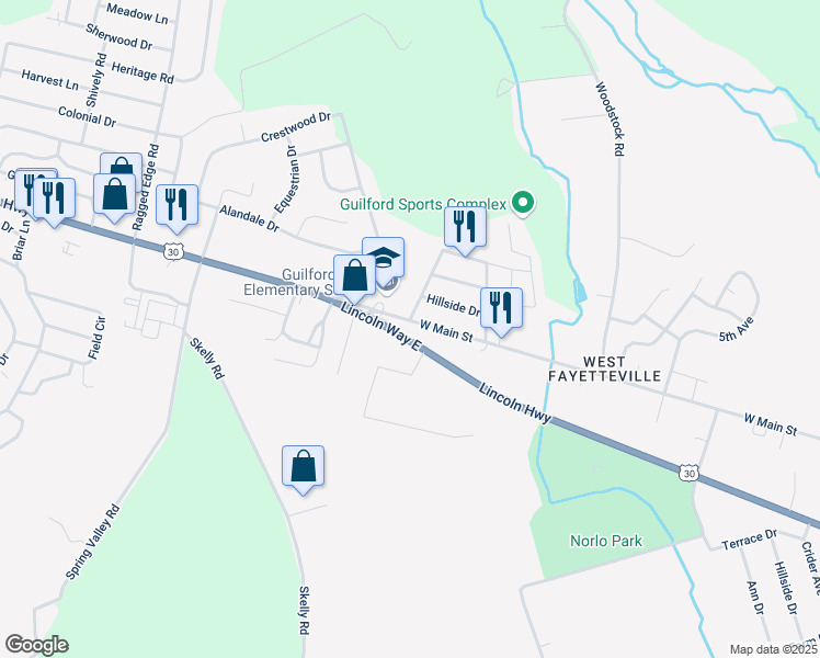 map of restaurants, bars, coffee shops, grocery stores, and more near 2120 Lincoln Way East in Chambersburg