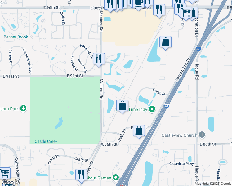 map of restaurants, bars, coffee shops, grocery stores, and more near 7054 PGA Drive in Indianapolis