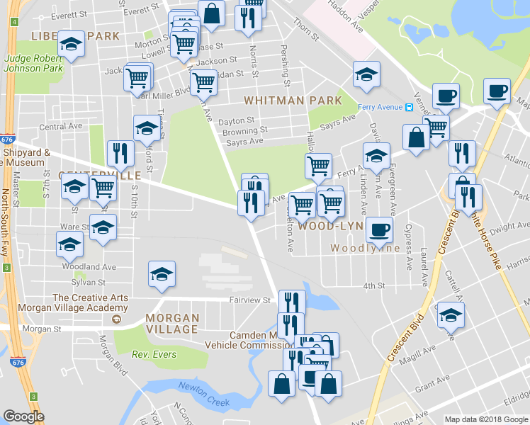 map of restaurants, bars, coffee shops, grocery stores, and more near 1633 Crosslynne Avenue in Oaklyn