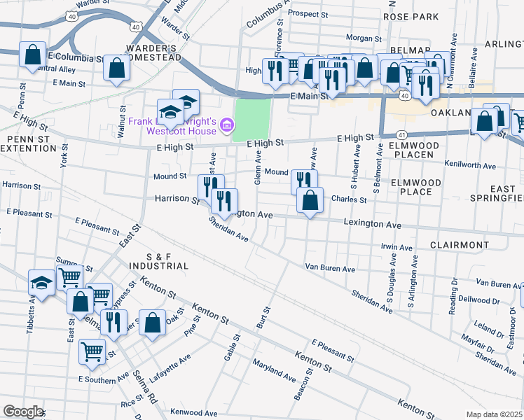 map of restaurants, bars, coffee shops, grocery stores, and more near 1506 Lexington Avenue in Springfield