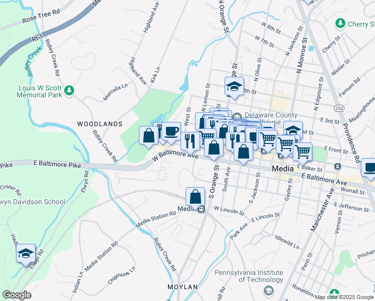 map of restaurants, bars, coffee shops, grocery stores, and more near 415 West Baltimore Avenue in Media
