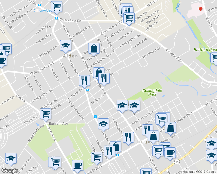 map of restaurants, bars, coffee shops, grocery stores, and more near 723 Ash Avenue in Collingdale