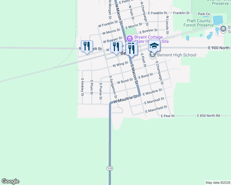 map of restaurants, bars, coffee shops, grocery stores, and more near 281 West Fremont Street in Bement