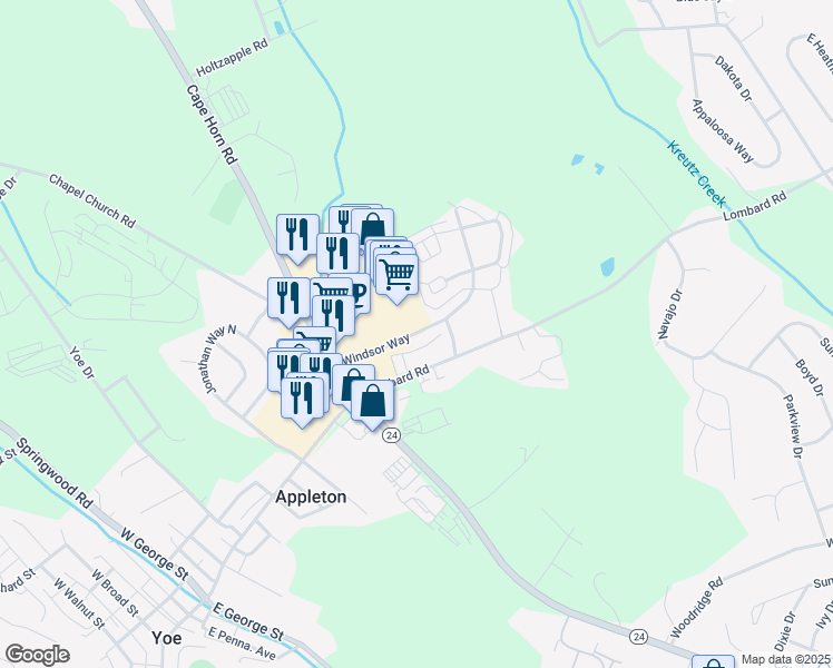 map of restaurants, bars, coffee shops, grocery stores, and more near 6 Windsor Way in Red Lion