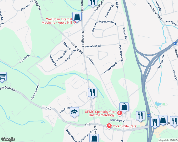 map of restaurants, bars, coffee shops, grocery stores, and more near 2443 South George Street in York