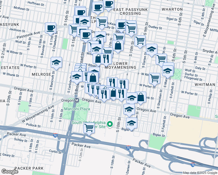 map of restaurants, bars, coffee shops, grocery stores, and more near 2538 South Jessup Street in Philadelphia