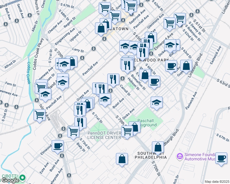 map of restaurants, bars, coffee shops, grocery stores, and more near 2517 South 69th Street in Philadelphia