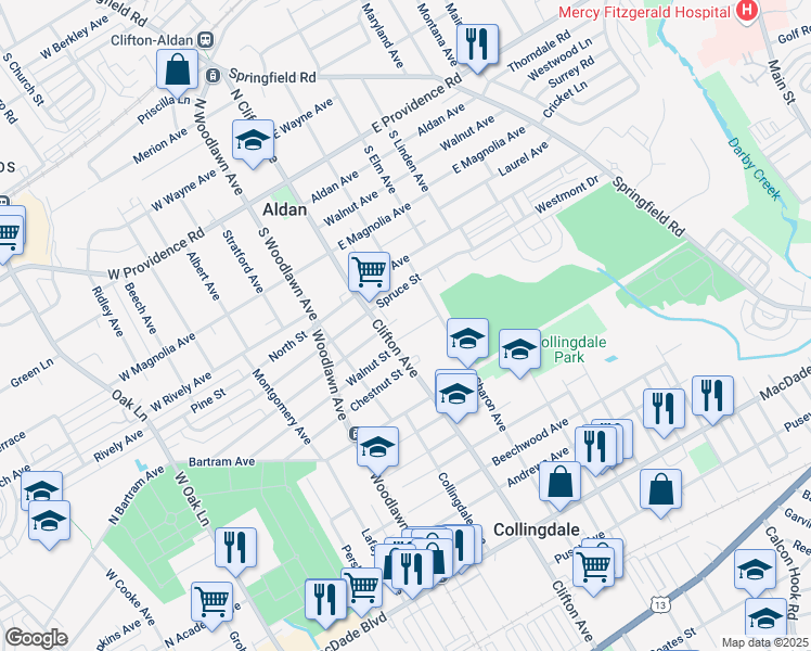 map of restaurants, bars, coffee shops, grocery stores, and more near 723 Ash Avenue in Collingdale