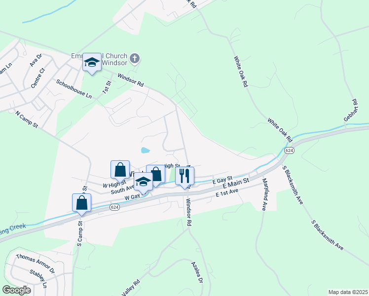 map of restaurants, bars, coffee shops, grocery stores, and more near 66 North Penn Street in Windsor