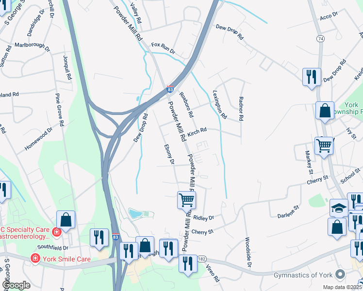 map of restaurants, bars, coffee shops, grocery stores, and more near 1854 Powder Mill Road in York
