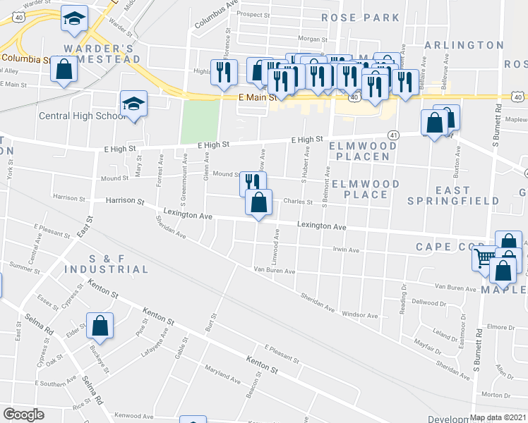 map of restaurants, bars, coffee shops, grocery stores, and more near 366 Ludlow Avenue in Springfield