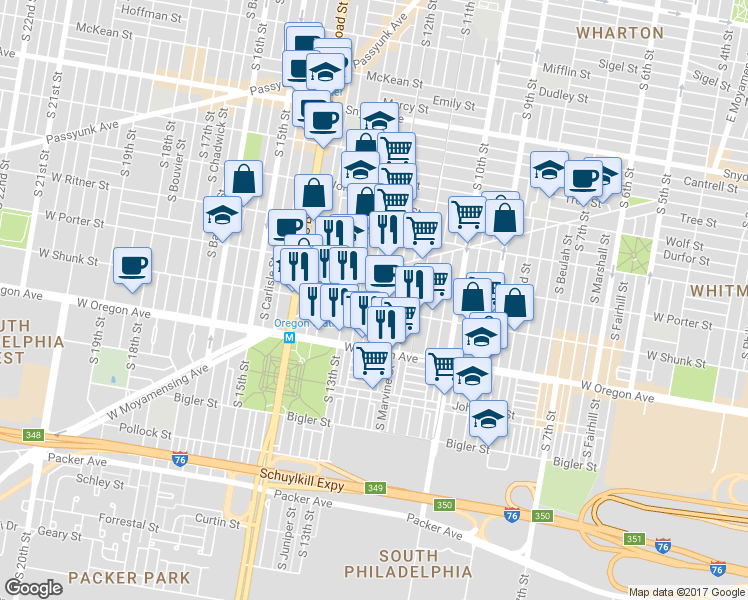 map of restaurants, bars, coffee shops, grocery stores, and more near 2537 South Camac Street in Philadelphia